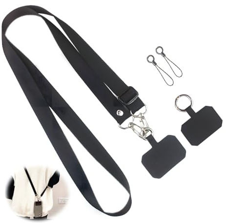 Cordon Téléphone 1,3m Réglable Noir 2 Attaches Universelles Détachables | Longueur modulable confort, mousqueton acier solide, compatible toutes coques, détachable rapide pratique, tour cou sécurisé