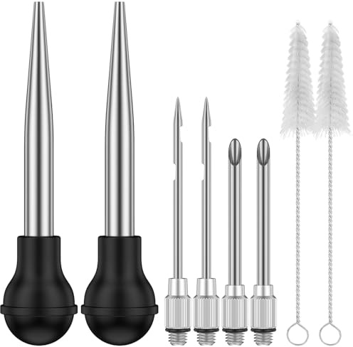 Turkey Baster Set of 4, Stainless Steel Baster for Cooking, Chicken Basting Cooking Pipette with 2 Needles Silicone Bulb and Cleaning Brush Meat Basters for Oiling and Marinating Turkey Beef Pork Fish