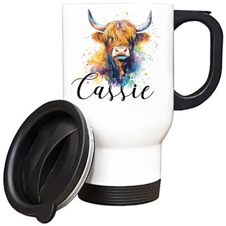 Personalised Colorful Highland Cow Custom Name Gift for Kids, Insulated Travel Mug, Coffee Mug. (White)