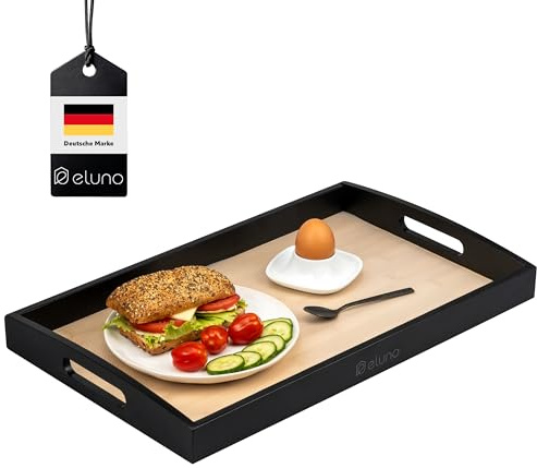 eluno Serviertablett aus Bambus, Servierplatte mit seitlichen Griffen und Einlegeboden, ideal als Frühstückstablett - geeignet für Wohnzimmer, Schlafzimmer oder als Dekoration (Natur-Schwarz)