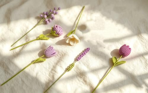 BWGHBH Ramo de 6 Tulipanes de Ganchillo Flores Artesanales de Crochet Decoración del Hogar Regalo Original para Mujer Hecho a Mano Eterno e Inmarchitable