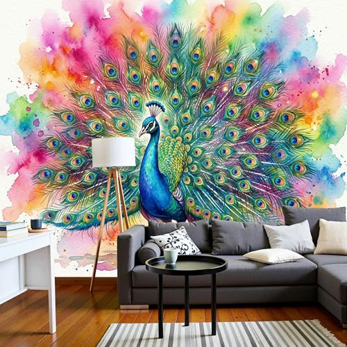 Carta Da Parati Acquerello Multicolore 200X140Cm, Fotomurali Animale Dipinto A Mano Pavone Verde Scuro Decorazioni Parete, Fotografica Murale Carta Da Parati Per Camera Letto Soggiorno Tv Sfondo