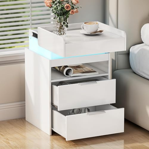 Quikraen Bedside Table with Charging Station and LED Light，White