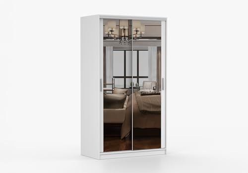 Fabryka Mebli Idźczak Schwebetürenschrank 120 cm breit Weiß mit Spiegel, Metallführungen Rollenlauf, Kleiderstange Einlegeböden, 16 mm Laminatplatte, Schlafzimmer Ankleide