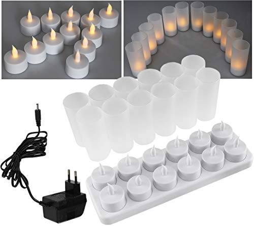 ChiliTec LED Teelichter 12 Stück mit Windschutz Aufladbar Batterie Kerzen Akku Ladestation Netzteil Tisch Deko für Party Hochzeit Weihnachten