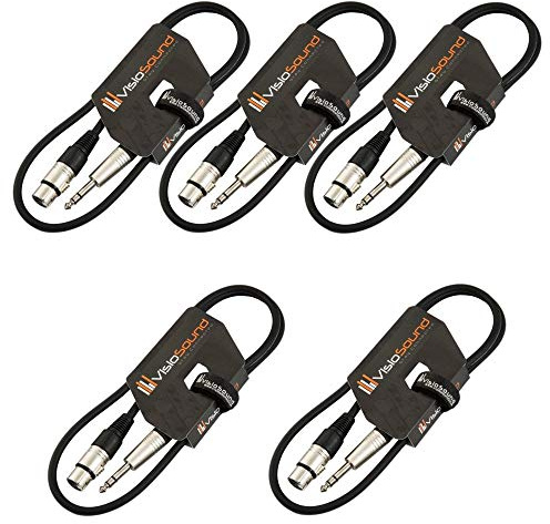 Female XLR to 6.35mm Stereo TRS Jack Lead Audio Cable 2 Pack (Black, 1m) | 5 x Noiseless OFC Balanced Signal, Audio, Patch Cable / 7 Colours