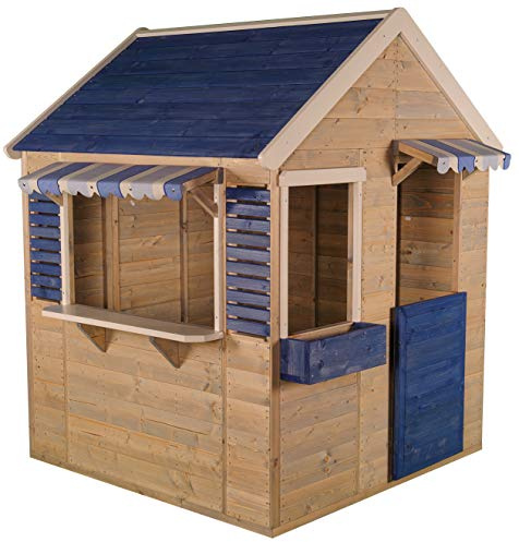 Wendi Toys M17B lekhus för barn utomhus med halvdörr, planteringslåda, persienner och markiser, 120 x 120 x 155 cm, blå, trä av högsta kvalitet – trädgårdslekutrustning för barn, utomhus