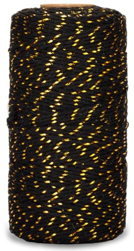 G2PLUS Christmas String - Black Cotton Twine with Gold Glitter, 2MM, 100M for DIY Gift Decorations
