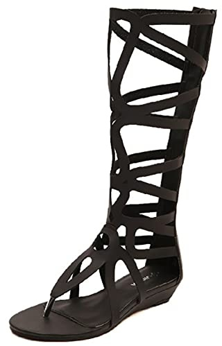 Jamron Dam Knä Höga Romerska Gladiator Sandaler Nitar Besatta Remmar Dragkedja Thong Sandaler Svart SN602C027 EU36