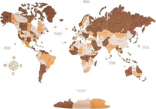 Woodvio Mapa Mundial de Madera 3D, Arte Decorativo para Pared para Decoración de Hogar y Oficina - tamaño Medio (120x62cm)