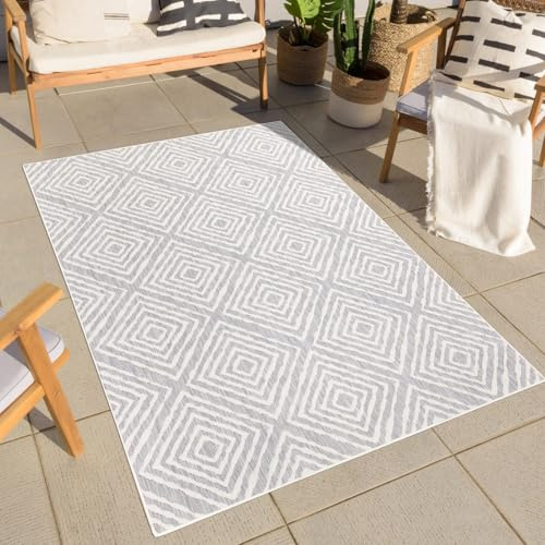 carpet city Teppich Outdoor Wetterfest - Grau - 160x230 cm - Geometrisch - Balkon Teppich Wasserabweisend - In-& Outdoor Teppiche für Terrasse, Garten, Küche, Bad oder Wohnzimmer