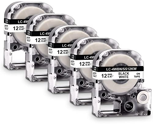 5x Labelwell 12mm x 8m Sostituzione Nastro per Etichette Compatibile per LC-4WBN9 SS12KW Nero su Bianco per LabelWorks LW-300L LW-C410 LW-600P LW-500 LW-900P LW-700 LW-1000 LW-Z700FK
