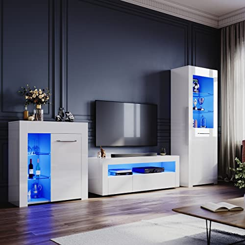 ELEGANT High Gloss White Living Room Set TV Stand Sideboard Display Cabinet(165cm) Multicolour LED Lights,UK Power Adapter Included