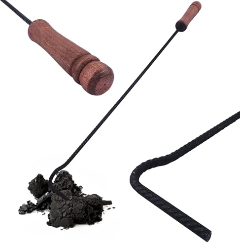 BAUSTER® Crochet à feu avec poignée en bois - 76 cm - Tisonnier - Grattoir à braises - Accessoire de cheminée - Grattoir à cendres - Robuste