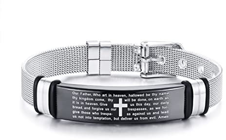 Whoiy Armband Herren Schwarz, Bracelet Women Edelstahl Silber Armband mit Christlichen Schriften für Sohn Freund 22cmx12mm mit Schnallenverschluss