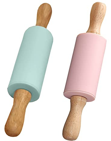 2 Piezas Rodillo de Silicona, Rodillo de Silicona Antiadherente, Accesorios de Horneado Fondant con Superficie Antiadherente, Aplicar para Tarta Corteza, Pizza, Pasteles de Masa (Verde + Rosa)