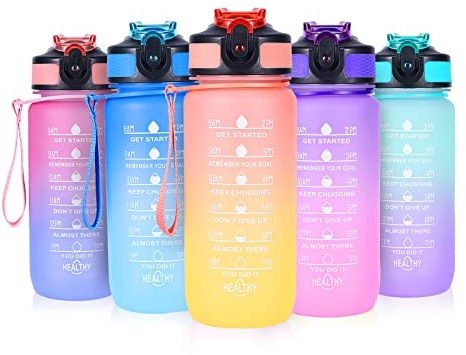 SUPPRUI Borraccia con cannuccia, 600 ml, per bambini, con indicazione del tempo, bottiglie motivazionali a tenuta stagna e senza BPA (arancione)
