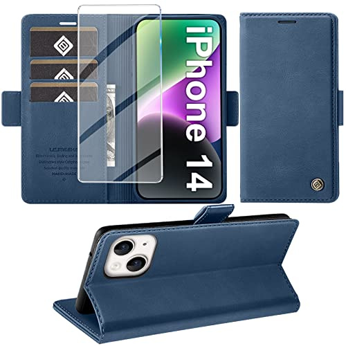 Giyer Handyhülle für iPhone 14 Hülle mit Schutzfolie, Standfunktion Kartenfach Wallet Premium Leder Schutzhülle für iPhone 14 5G 6.1 Zoll Flip Case Cover Stoßfeste Klapphülle (Blau)