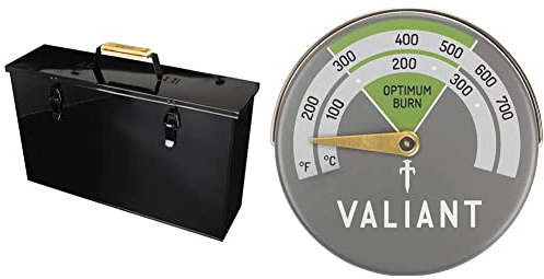 Valiant Fireside Metal Ash Carrier, Black, 45cm x 26cm x 12cm & FIR116 Magnetic Stove Thermometer, Aluminum, Green, 63mm