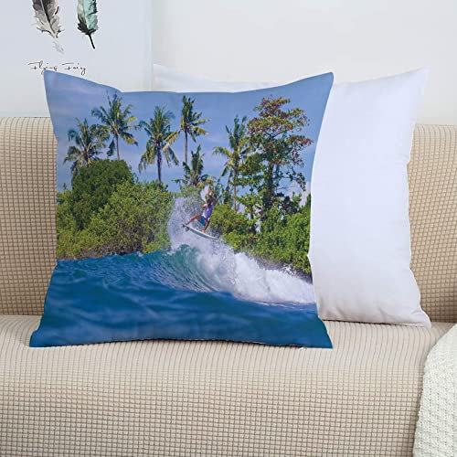 2er-Set Dekorativ Kissenbezug 45x45 cm,Ride The Wave, Surfer im Ozean von Bali Island Palmen Vert,Polyester Kissenbezüge Dekokissen Kissenhülle Set Kissen Fall für Sofa Auto Schlafzimmer Zuhause Dekor