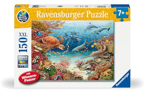 Ravensburger Kinderpuzzle 13411 - Meerestiere am Korallenriff - Wieso? Weshalb? Warum? Puzzle 150 Teile XXL + Wissensposter, für Kinder ab 7 Jahren