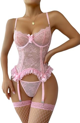 WDIRARA Women's Sexy Lingerie Set Floral Lace Garter Bustier Lingerie Set with 1Pair Fishnet Stocking Light Pink M