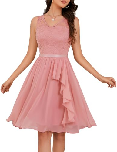 Meetjen Robe de cocktail 2025 pour femme avec ourlet mouchoir en dentelle formelle pour invitées de mariage, demoiselle d'honneur, bal de fin d'année, Mousseline en dentelle rose poudré, Taille S