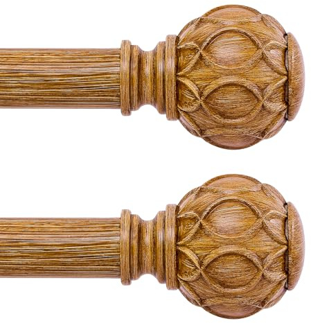 Htzon Gardinenstangen aus Holz, ca. 71 bis 122 x 2,5 cm ausziehbare Gardinenstange, Vorhangstangen aus Holz mit dekorativen Netzelementen, rustikale, strapazierfähige, dekorative Vorhangstangen im