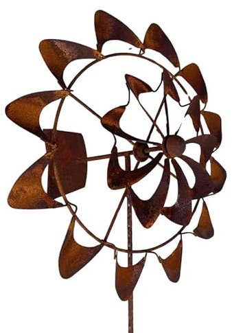 L'Héritier Du Temps Jolie Eolienne de Jardin Mobile de Jardin Double Moulin à Hélice et Dérive Girouette Acier 47x55x207cm