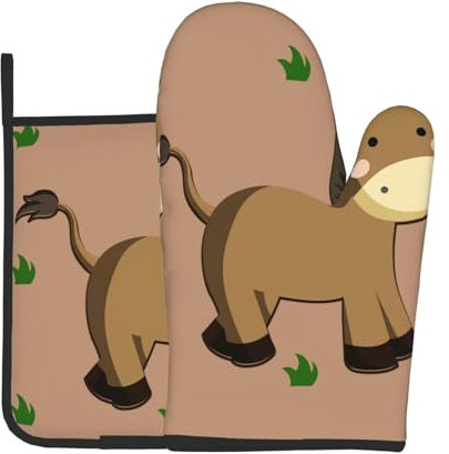 YYHHAOFA Ensemble de gants de cuisine et maniques Motif âne de dessin animé : épais et durable, anti-brûlure et isolant thermique