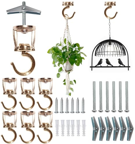 ONIKK Ceiling Hooks for Hanging Plants (6 PCS Gold),Heavy Duty Metal Plant Hooks, Screw in Hooks for Hanging Birdfeeders, Lamps, Planters, Outdoor Decorative Hooks up to 33 lbs