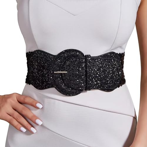 VASTLUCKY Women Elastic Wide Waist Belt for Dresses Sequin Glitters Cinch Corset Belt Stretchy Waistband Chunky Buckle Belts, Black, Medium