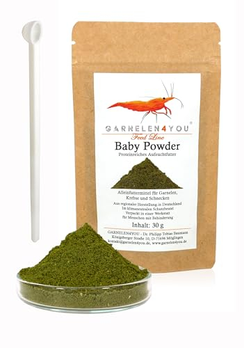 GARNELEN4YOU® Baby Powder – Aufzuchtfutter für Garnelen – feines Staubfutter mit tierischen & pflanzlichen Proteinen, Algen, Kräutern & Mineralien – Made in Germany (30 g, mit Dosierlöffel)