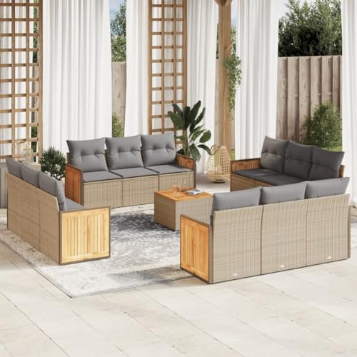 Rantry 13-TLG. Gartenmöbel Set mit Kissen Gartensofa Balkonmöbel Gartenlounge Loungesofa mit Gartentisch Rattansofa Ecksofa Ecklounge Sitzgruppe Loungemöbel Beige Poly Rattan