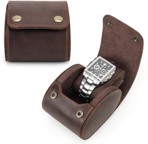 CONTACT'S FAMILY Uhren-Aufbewahrungsbox, Echtes Leder 1 Slot Uhr Schützende Rolle Fall, Uhren-Organizer für Männer und Frauen (1 Slots, Kaffee) | Tragbarer Vintage-Uhrenhalter mit abnehmbarem Uhrenkissen, kompakte Größe, perfekt für Reisen und den täglichen Gebrauch