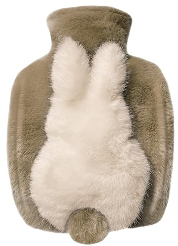 Plush Hot Water Bottle PVC Cute Plush Hot Water Bag for Hot and Cold Compress with Pockets on Both Sides 1000ML Capacity Christmas New Year Valentine's Day Birthday Gift 3D Rabbit(Brown and Beige)