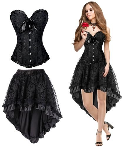 Aragallant Steampunk Gonna e Corsetto Set, Corpetto Top e Gonna Corta, Gotico Nero Bustini, Donna Corsetto Pizzo Elegante, Stringivita per Halloween