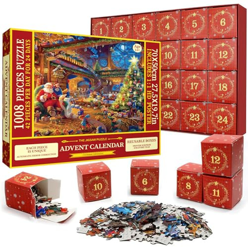Jigsaw Advent Calendar 2024, Christmas Countdown Calendar,1008 Pieces Puzzle Toy Advent Calendar 2024, Christmas Jigsaw Puzzles Countdown Calendar for Kids and Adul (A)