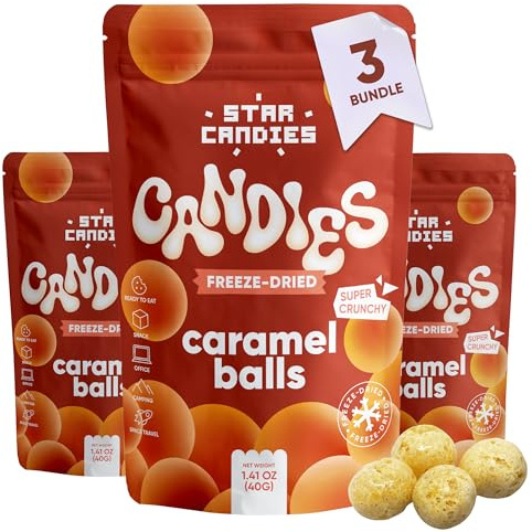 Star Candies Freeze Dried Caramel Balls | Super Crunchy Freeze Dried Candy | Full Flavour Freeze Dried Dessert great for Birthday Parties | Freeze Dried for Crispiness | Space and Astronaut Snack | Gift Set for Birthday or Party (4.23 oz; 3 pack)