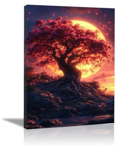 WQBQKKX Oro, rosa Quadri su Tela Canvas Albero della Vita, Albero della Luna Astratto Decorazione per Soggiorno, Capezzale Camera da Letto, Cucina, Ufficio-30x45cm Incorniciato