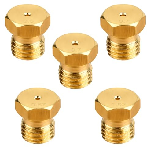 5 Stück Gasdüsen, Universal, für Erdgaskochfeld, LPG, Düsen und Einspritzdüsen, Gasdüse, Flasche, Umrüstsatz (1 x 0,5, 2 x 0,7, 1 x 0,87, 1 x 1,02)