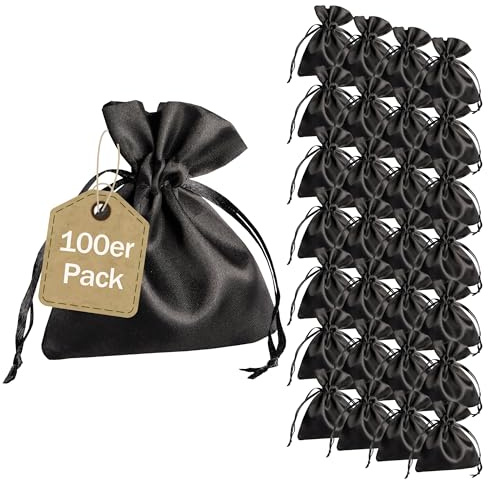 SPRINTIS Satinsäckchen schwarz, 8 x 10 cm (100 Stück) - edle Geschenkbeutel mit Satinband – wiederverwendbare Schmuckbeutel, perfekt für Weihnachten und Hochzeit