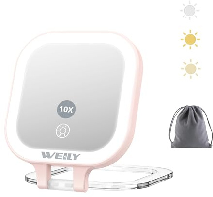 WEILY Miroir de Poche Lumineux, Miroir de Voyage Double Face Grossissant 1X/10x, avec 3 Lumières de Couleur et Rechargeable par USB, Miroir à Main Portable pour Le Maquillage (Rose)