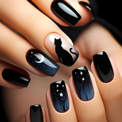 French False Nails,Black Coffin False Nails, 24PCS Square French Press on Nails with Jelly Glue,Acrylic Full Cover Nails Women Girls Nail Art Accessories (Black,Dark Blue,Cat, One Size)