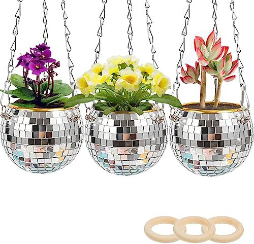 Retro Silver Disco Ball Planter Set 3 Pack Hanging Indoor/Outdoor Small Plants Succulent Flower Pots with Chain 4 Mirror Planter for Funky Boho Decor Perfect Daughter Gift