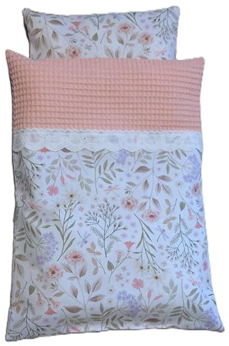 Handgefertigte Puppenbettwäsche, verschiedene Farbkombination, Floral-Streifen Design mit Stickerei (Ivory)