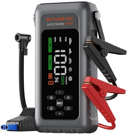 5000A Starthilfe Powerbank mit 150PSI Kompressor, 12V Auto Starthilfe Powerbank für 12 V(Bis zu All Benzin und 9.0L Dieselmotor)，Booster Auto Starthilfe mit Taschenlampe, Zwangsstart, Handschuhe