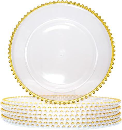 100 PCS Antique Charger Plates Bulk Round Plastic Dinner Plate Embossed Rim Server Plate Decorative Chargers Floral Plates for Dinner Parties Wedding,13 InchClear,One Size
