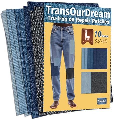 TransOurDream Denim Patches,Jeans-Flicken zum Aufbügeln | Hochwertige Qualität für Innen und Außen,100% Denim 5 Fraben Reparatur- 10 Stück Größe L=A5 (D-Jeans Sticker-A5-10)