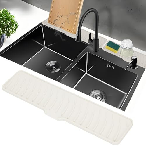 JNCST 2-Pack Silicone Draining Mats Set (42 * 10cm x 2) - Dual-Zone Narrow Splash Guard & Faucet Drip Catcher Tray Anti-Slip Draining Mat Protector for Kitchen & Bathroom Sinks(White)